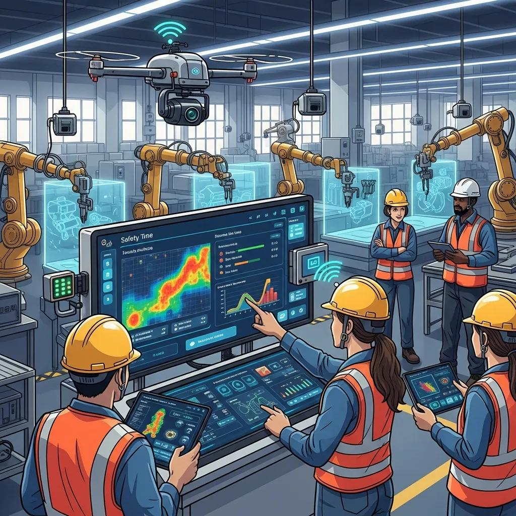 Workers in safety helmets using digital displays and IoT devices for workplace safety monitoring and compliance in a modern industrial setting.