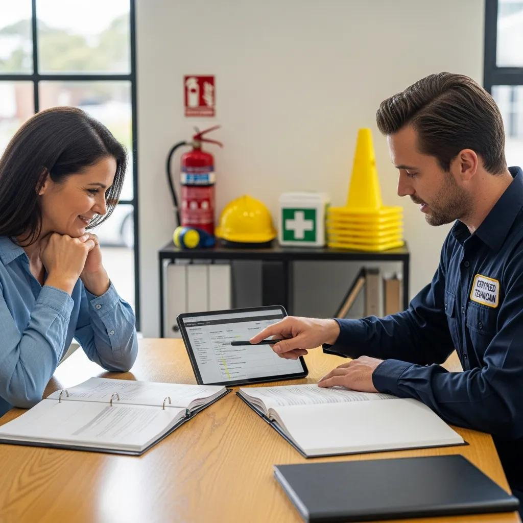 Business owner and technician reviewing compliance documentation for electrical safety, discussing Portable Appliance Testing and safety regulations, with safety equipment visible in the background.