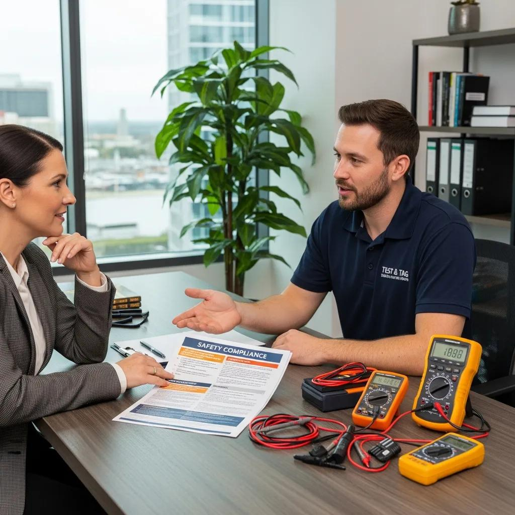 Business owner consulting with test and tag service provider about electrical safety compliance, discussing a safety compliance document, with testing equipment visible on the table.
