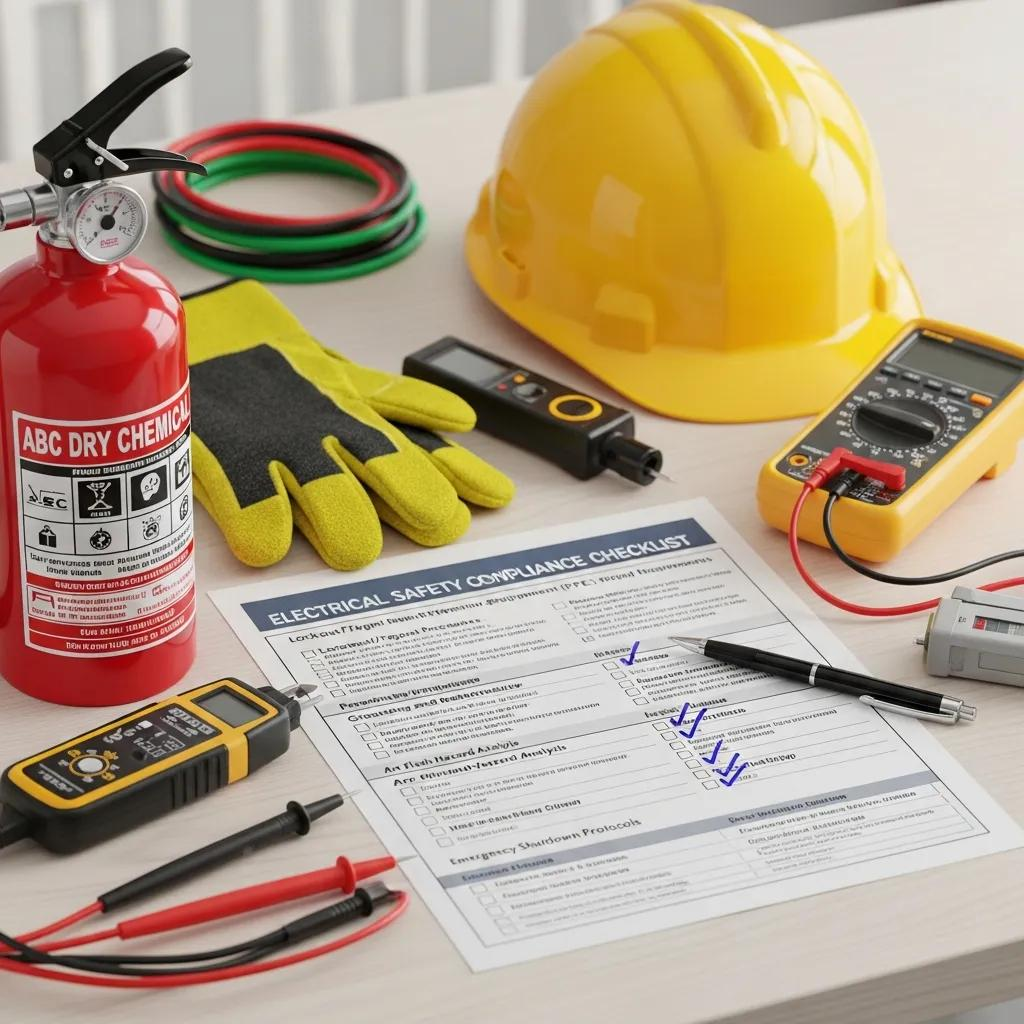 Electrical safety compliance checklist on a desk with a fire extinguisher, yellow hard hat, gloves, multimeters, and safety equipment, emphasizing test and tag services for regulatory compliance.