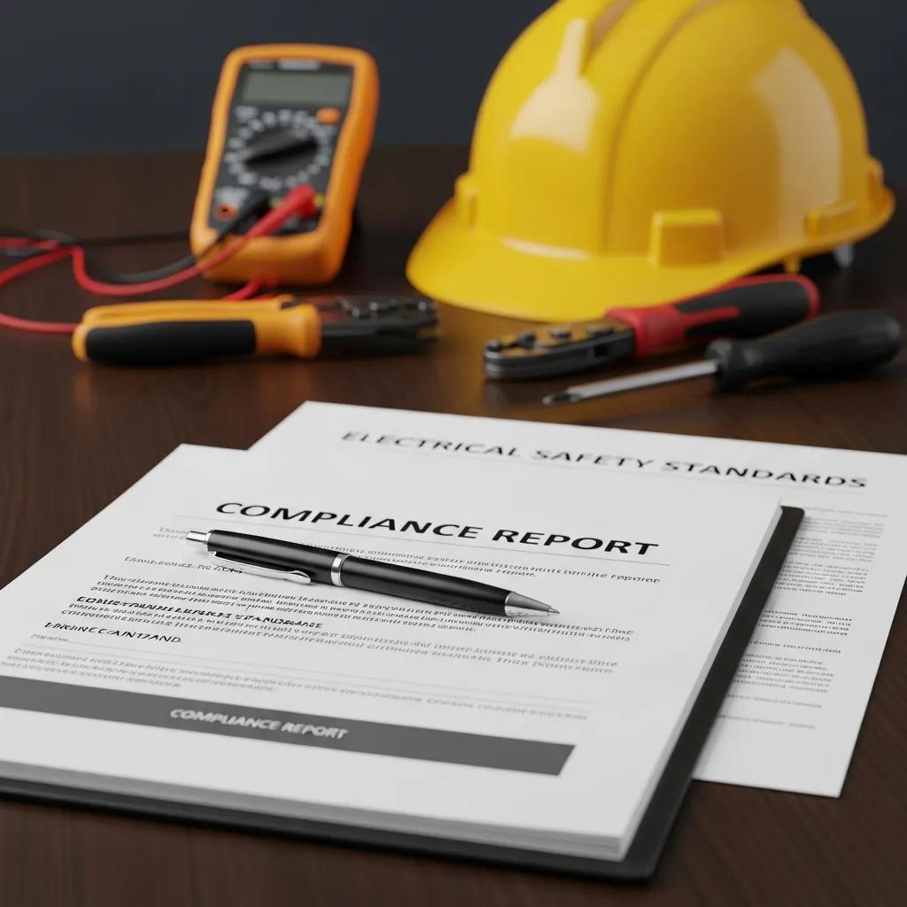 Compliance report and safety standards documents on a desk with electrical tools