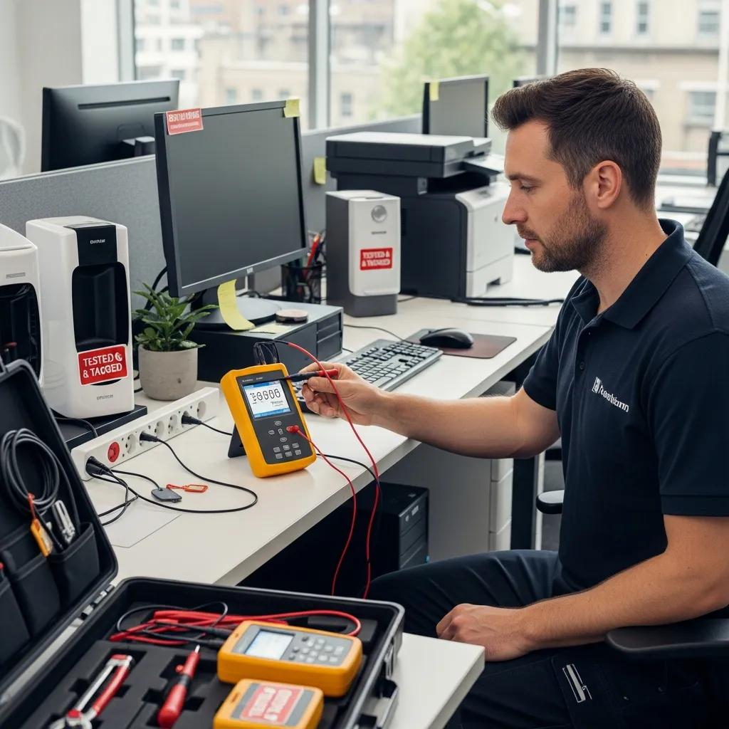 Electrician conducting test and tag services on electrical equipment in an office