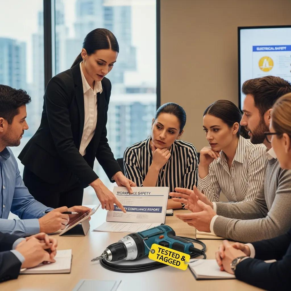 Employees discussing electrical safety compliance and testing procedures, reviewing a safety compliance report, with a drill labeled "TESTED & TAGGED" on the table.