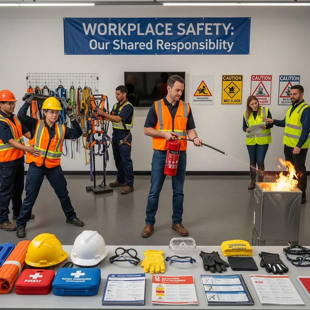 Employees participating in an interactive safety training session, demonstrating fire extinguisher use, with safety gear and compliance materials visible, emphasizing workplace safety and risk management.