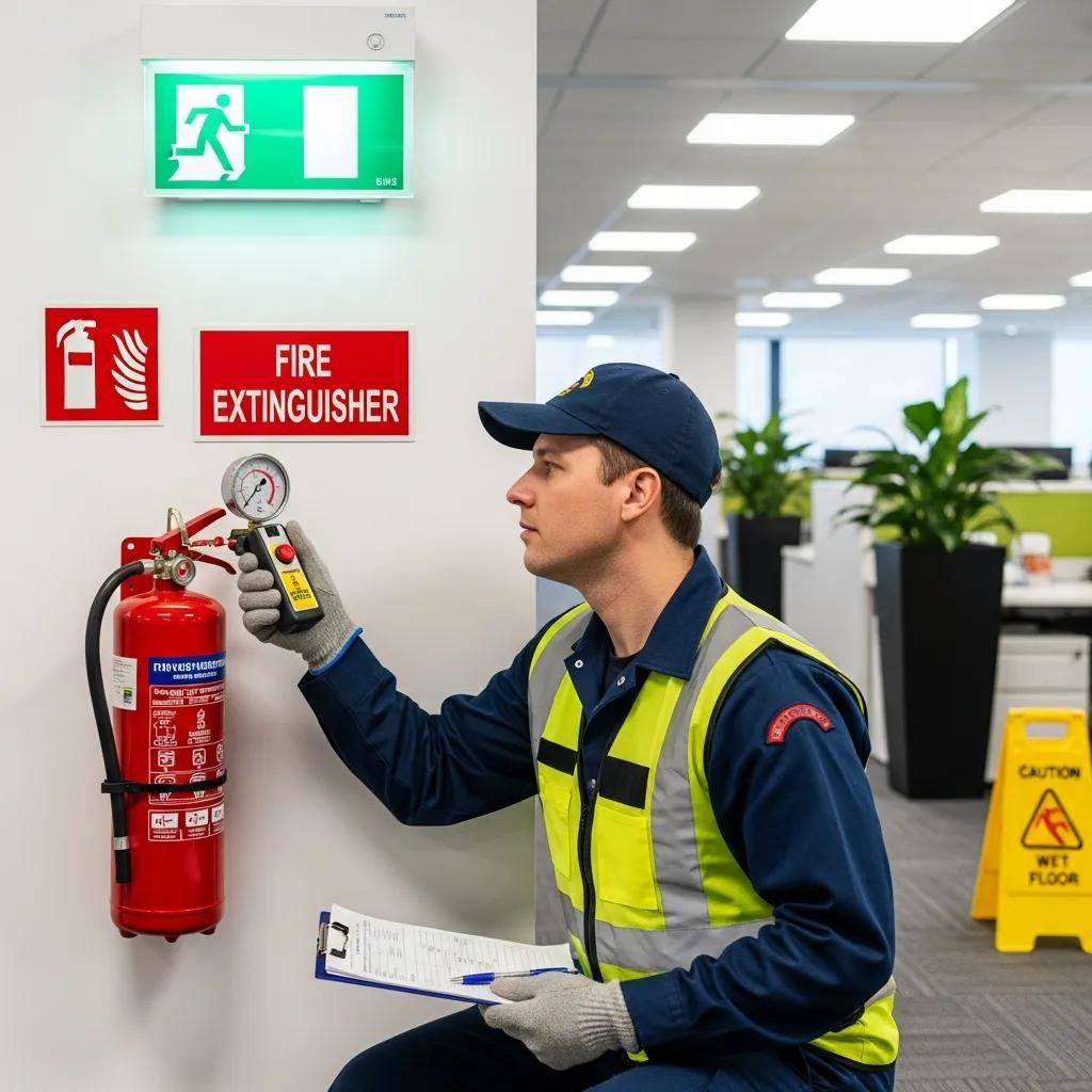 Fire safety technician inspecting fire extinguisher pressure gauge and emergency lighting in office environment, ensuring compliance with safety standards.