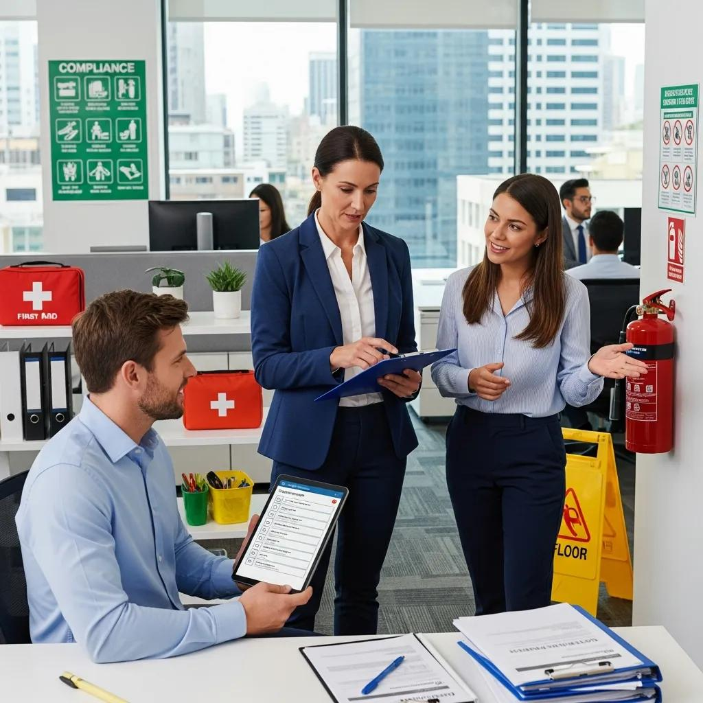 Safety auditor reviewing compliance protocols with employees in an office, discussing fire safety measures, first aid kits visible, during a workplace safety audit.