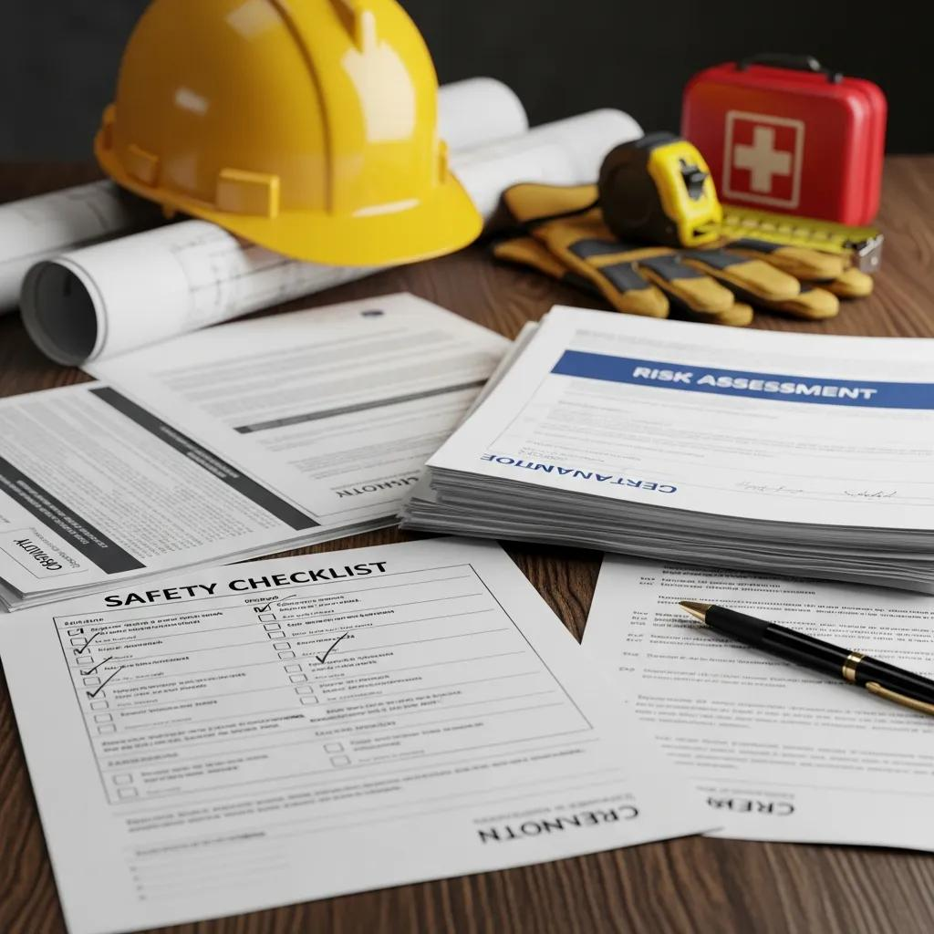 Safety compliance documents and checklist emphasizing regulations in Test and Tag services, with a yellow hard hat, safety gloves, risk assessment papers, and a first aid kit on a wooden table.