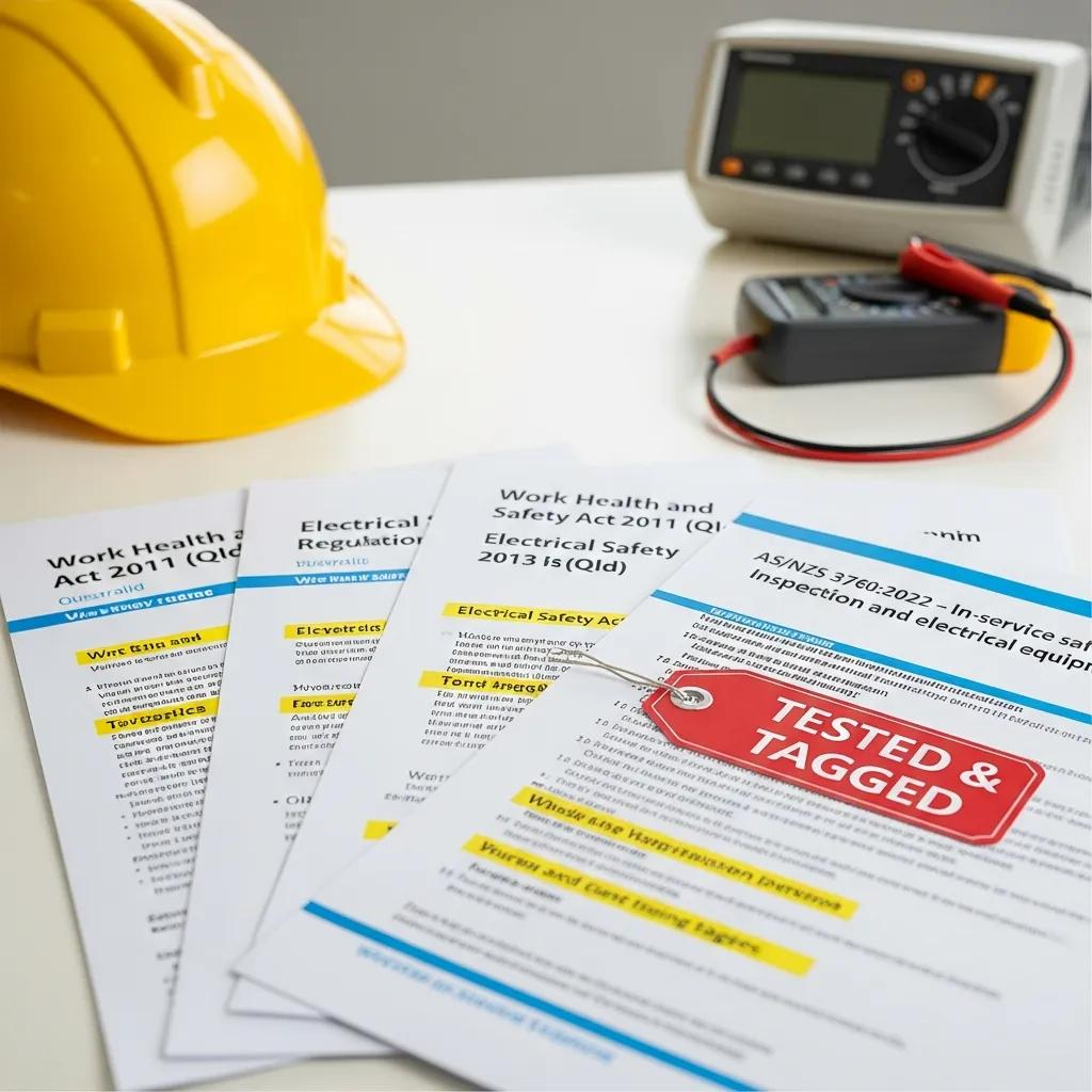 Safety compliance documents and equipment for electrical safety in Queensland, including a yellow hard hat, multimeter, and a red tag labeled "TESTED & TAGGED," highlighting the importance of Test and Tag services for workplace safety.
