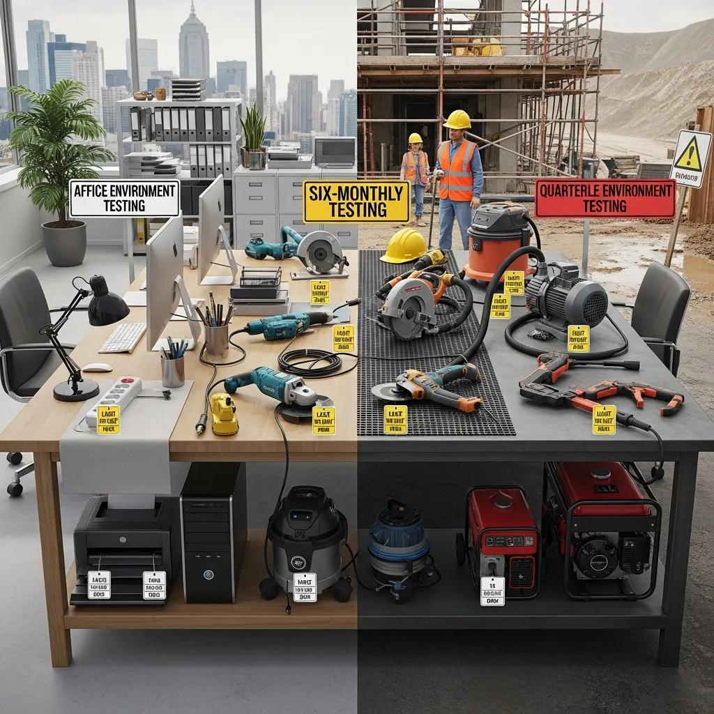 Office and construction environment showcasing electrical equipment with testing labels, highlighting compliance for annual, six-monthly, and quarterly testing intervals as per AS/NZS 3760 standards.