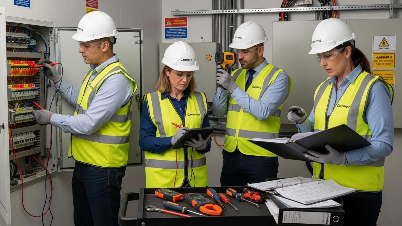 Team conducting a compliance audit of electrical systems in a commercial setting, using testing equipment and reviewing documentation for safety standards.
