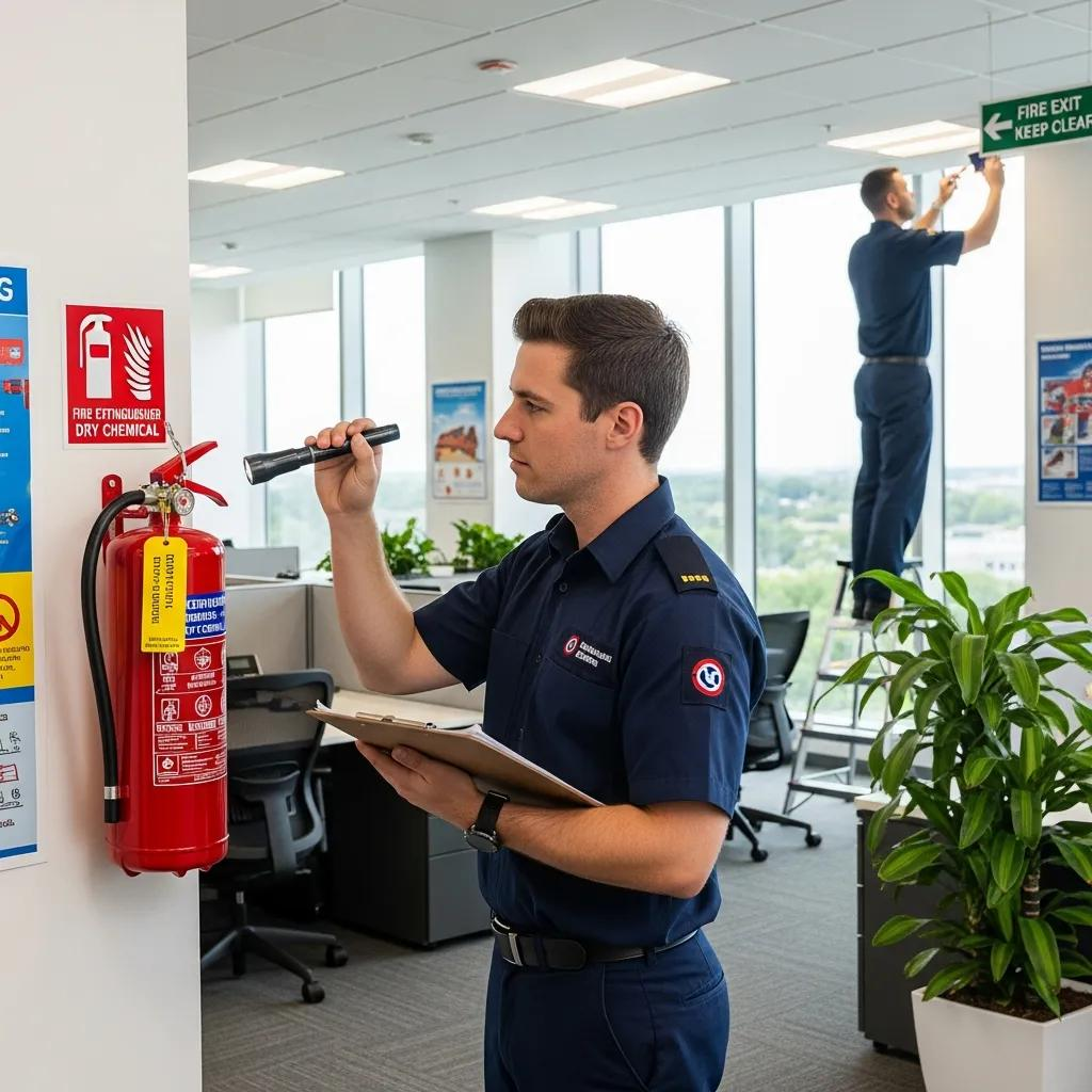 Technician conducting fire safety inspection with flashlight and clipboard, checking fire extinguisher compliance in commercial office setting, while another worker installs fire exit sign.