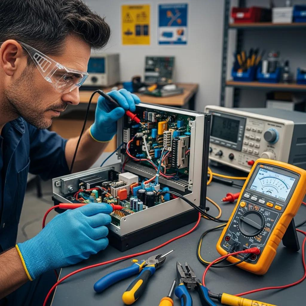 Technician inspecting electrical appliance components for safety compliance, using multimeter and tools, in a workshop setting with safety regulations posters.