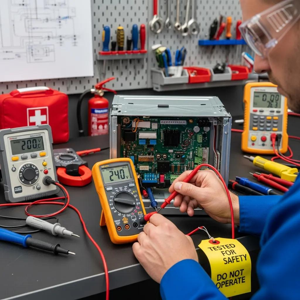 Technician conducting electrical safety testing on an appliance with multimeters, highlighting compliance and safety protocols in a workshop setting.
