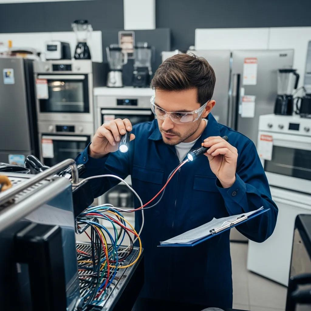 Technician inspecting electrical appliances with testing equipment, emphasizing the importance of regular safety compliance testing in a commercial kitchen setting.