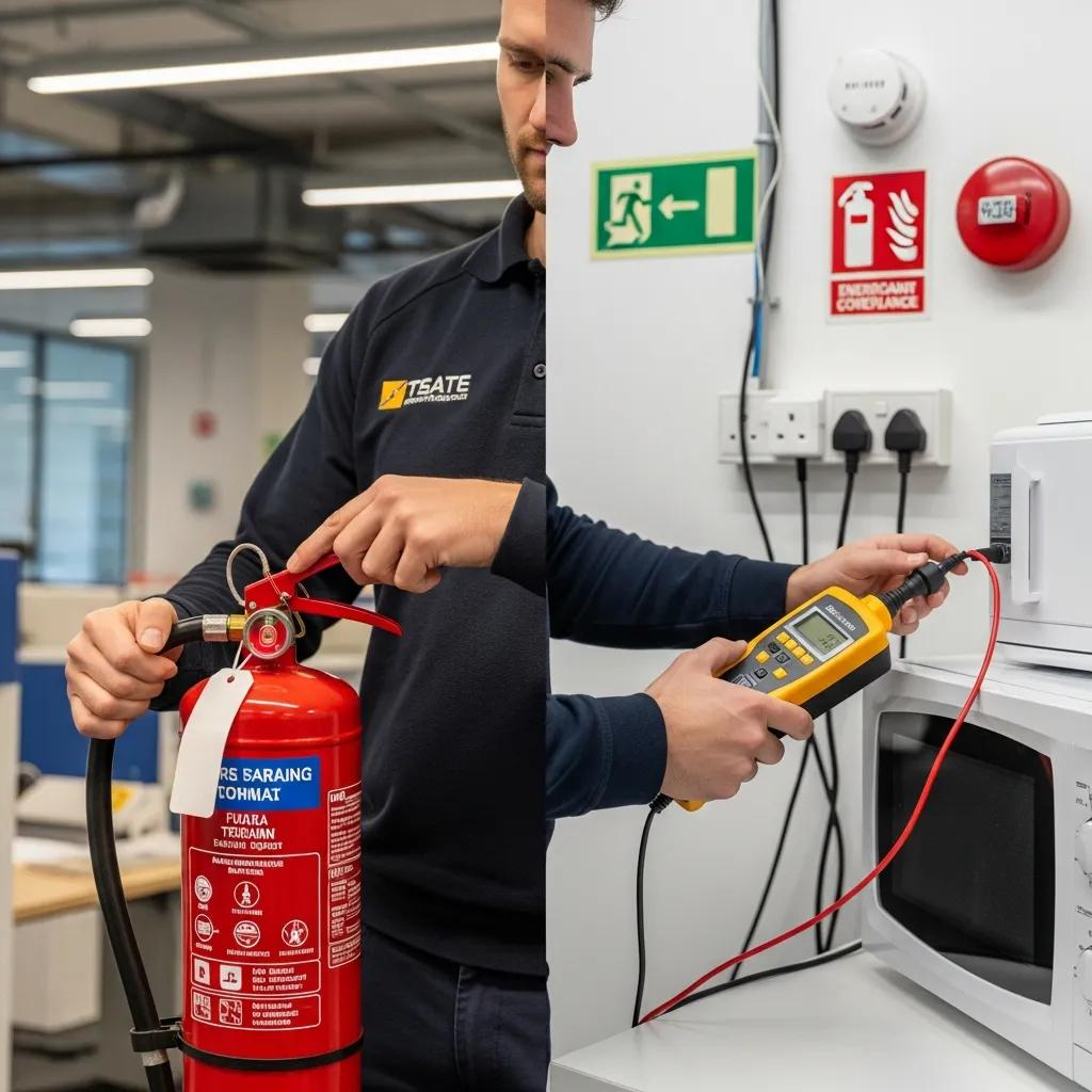 Technician inspecting fire safety equipment with a fire extinguisher and conducting electrical testing on a microwave, highlighting integrated safety services in workplace compliance.