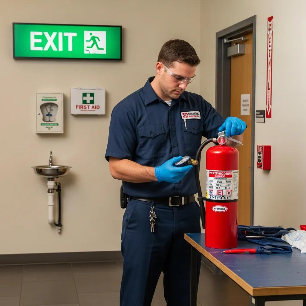 Technician inspecting fire extinguisher for compliance with safety standards in commercial environment, alongside first aid station and exit sign.