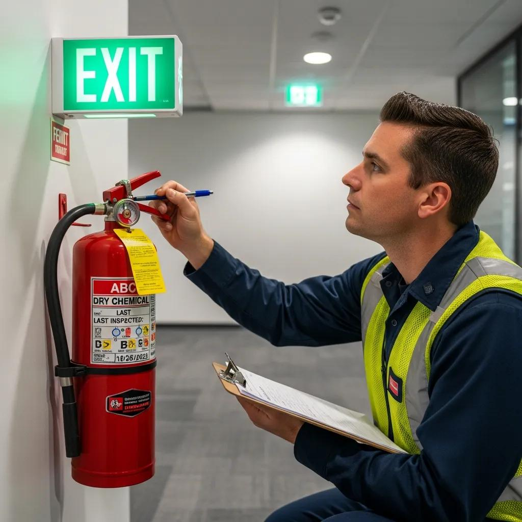 Technician inspecting fire extinguisher and noting details on clipboard in compliance with fire safety regulations.