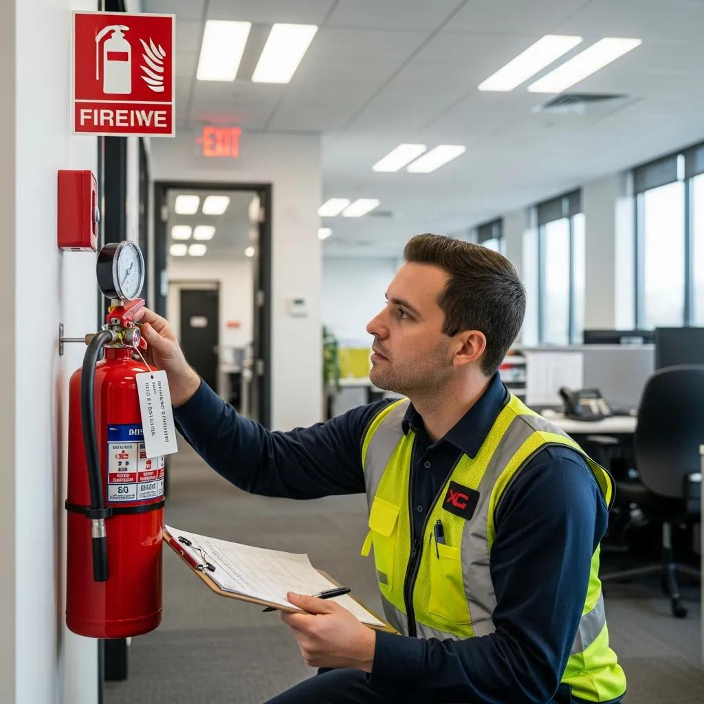 Technician performing fire safety inspection in a commercial building