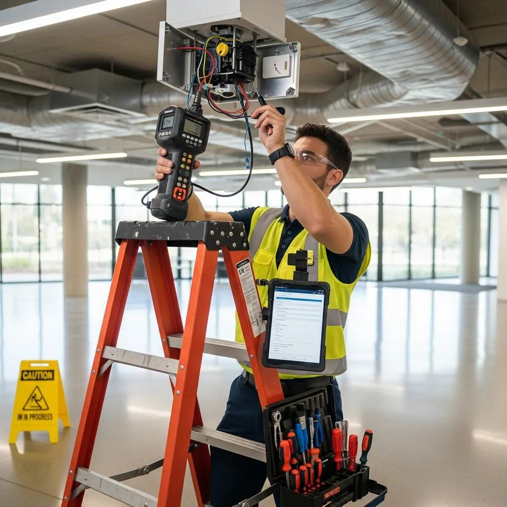 Technician performing maintenance on a smoke alarm in a commercial setting highlighting compliance obligations