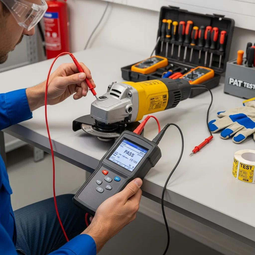 Technician performing portable appliance testing on electrical device with testing equipment, ensuring compliance and safety standards in Robina.