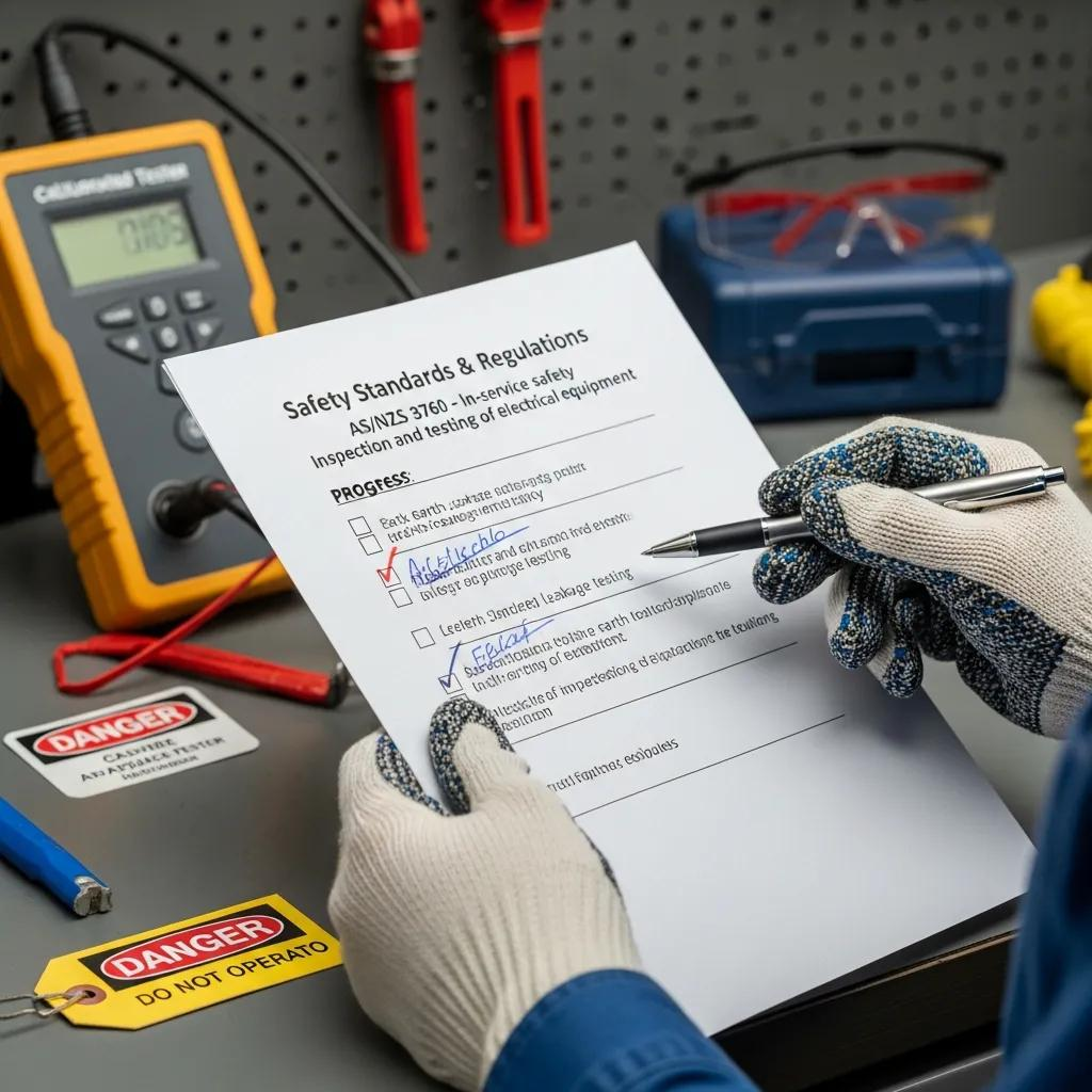 Technician reviewing compliance checklist for AS/NZS 3760 electrical safety regulations, with testing equipment and safety tags in a workshop setting.