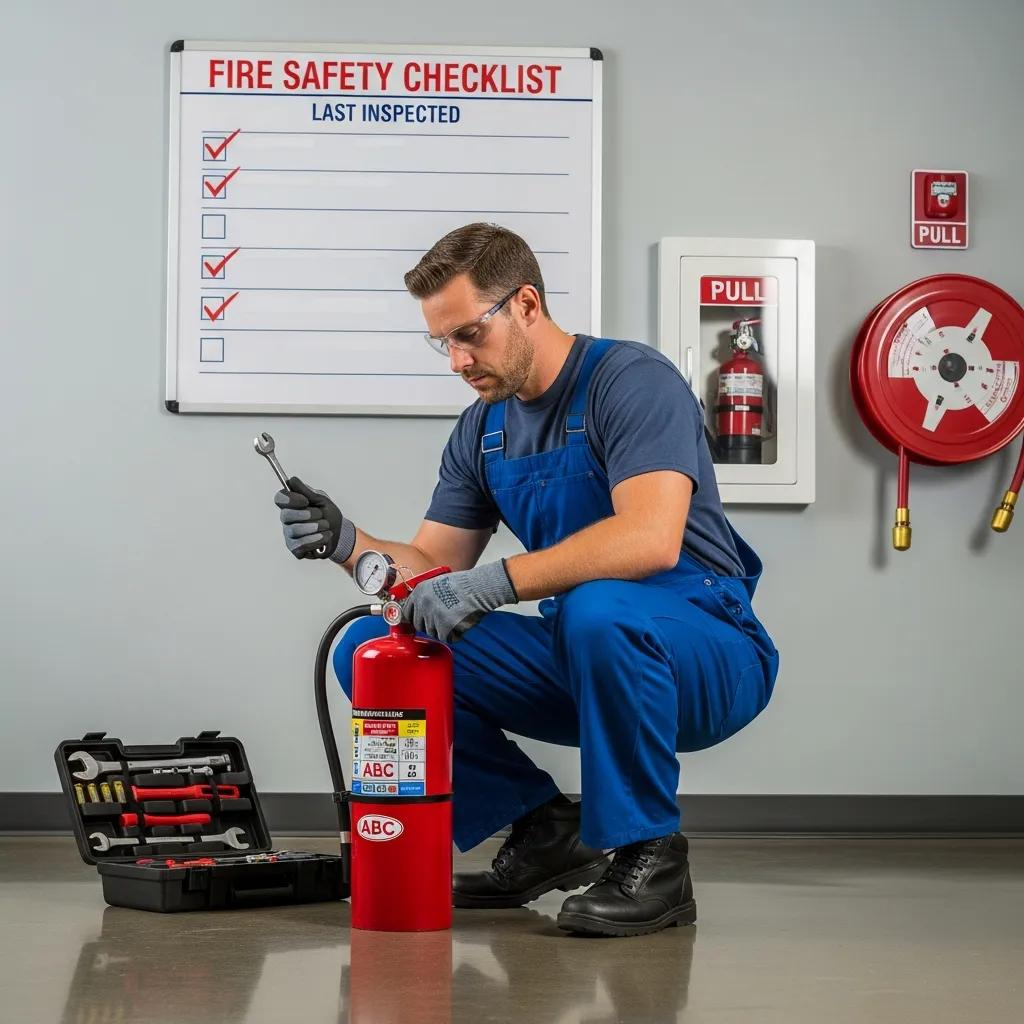 Technician servicing a fire extinguisher, emphasizing fire safety compliance in a workplace