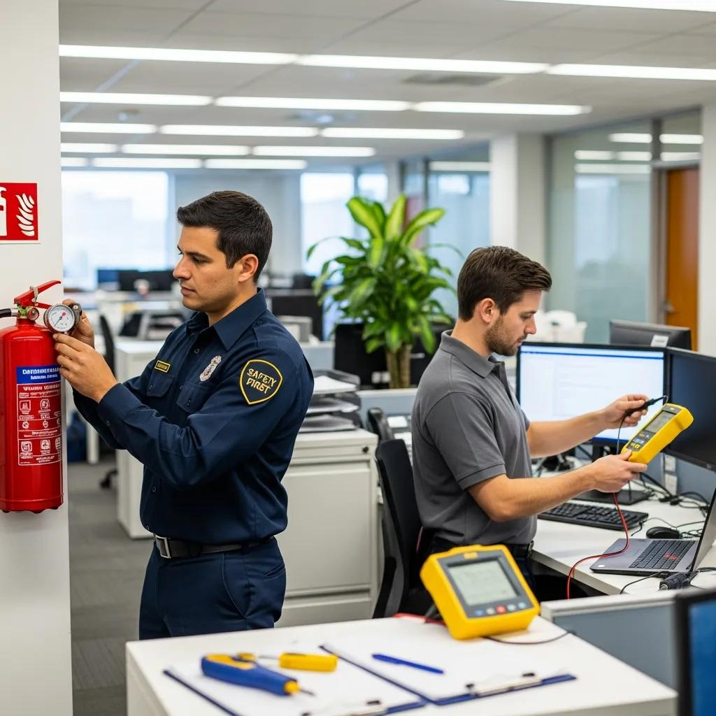 Technicians conducting fire safety inspection and electrical testing in a business setting