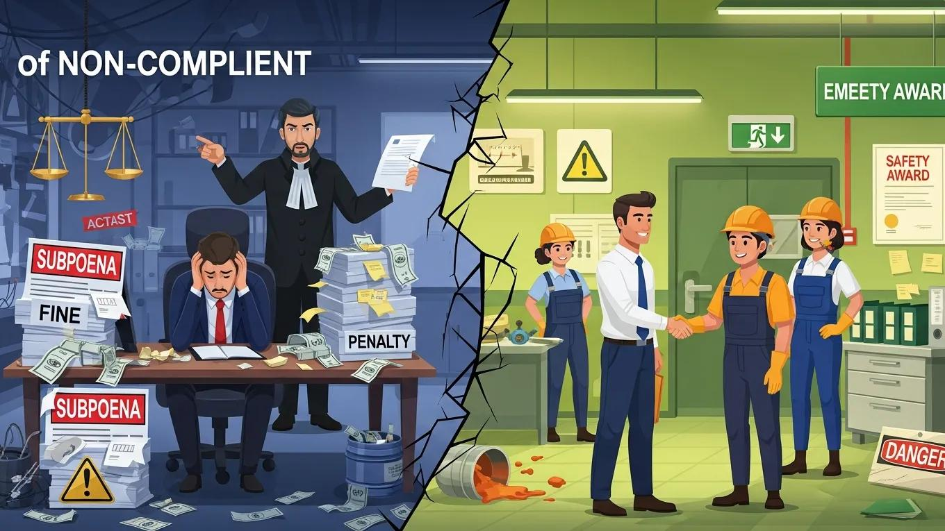 Visual comparison of consequences of electrical safety non-compliance versus benefits of compliance, featuring a distressed businessman surrounded by legal documents and fines on the left, and a positive workplace scene with employees shaking hands and safety awards on the right.