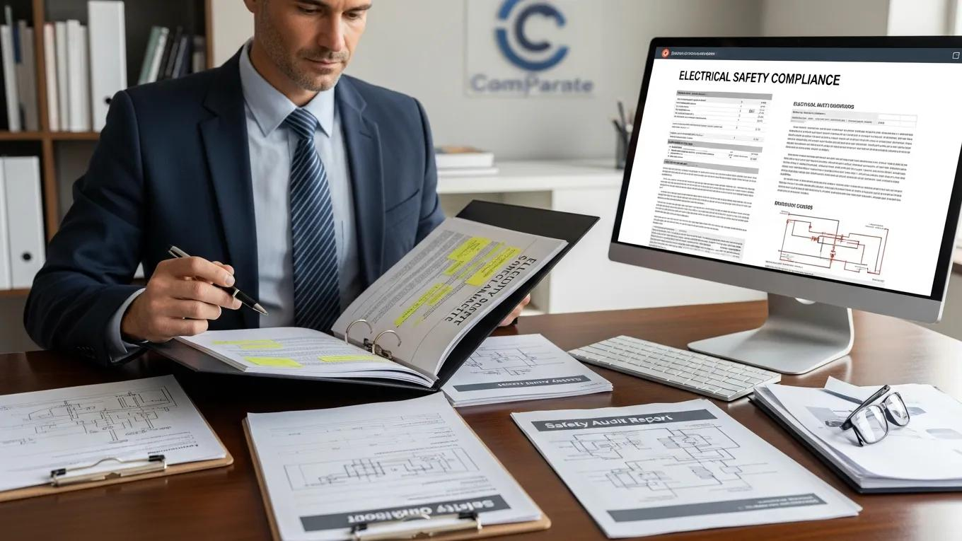 Business manager reviewing electrical safety compliance documentation and checklists, highlighting key points in a binder, with a computer displaying electrical safety compliance information.