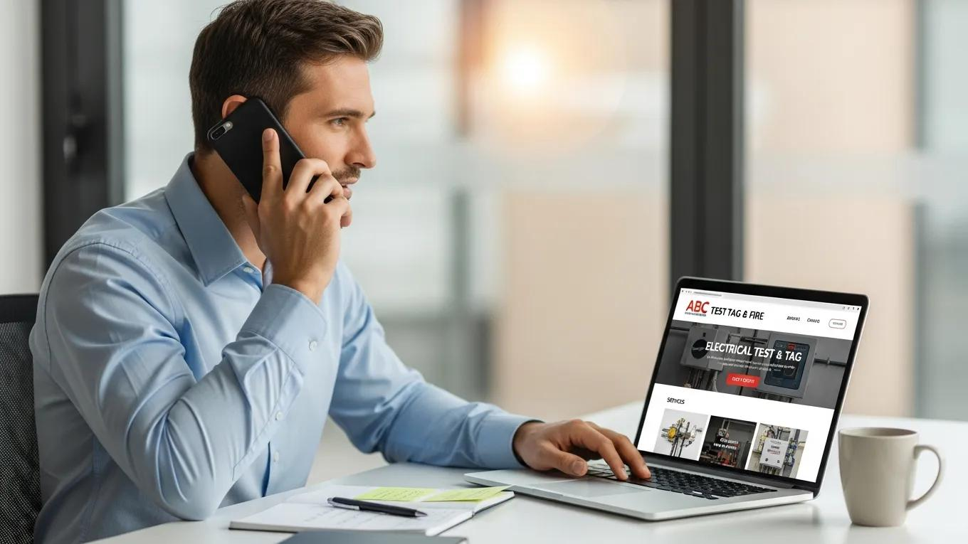 Man on phone booking electrical test and tag services, using laptop displaying ABC Test and Tag website, emphasizing the booking process for workplace safety compliance.