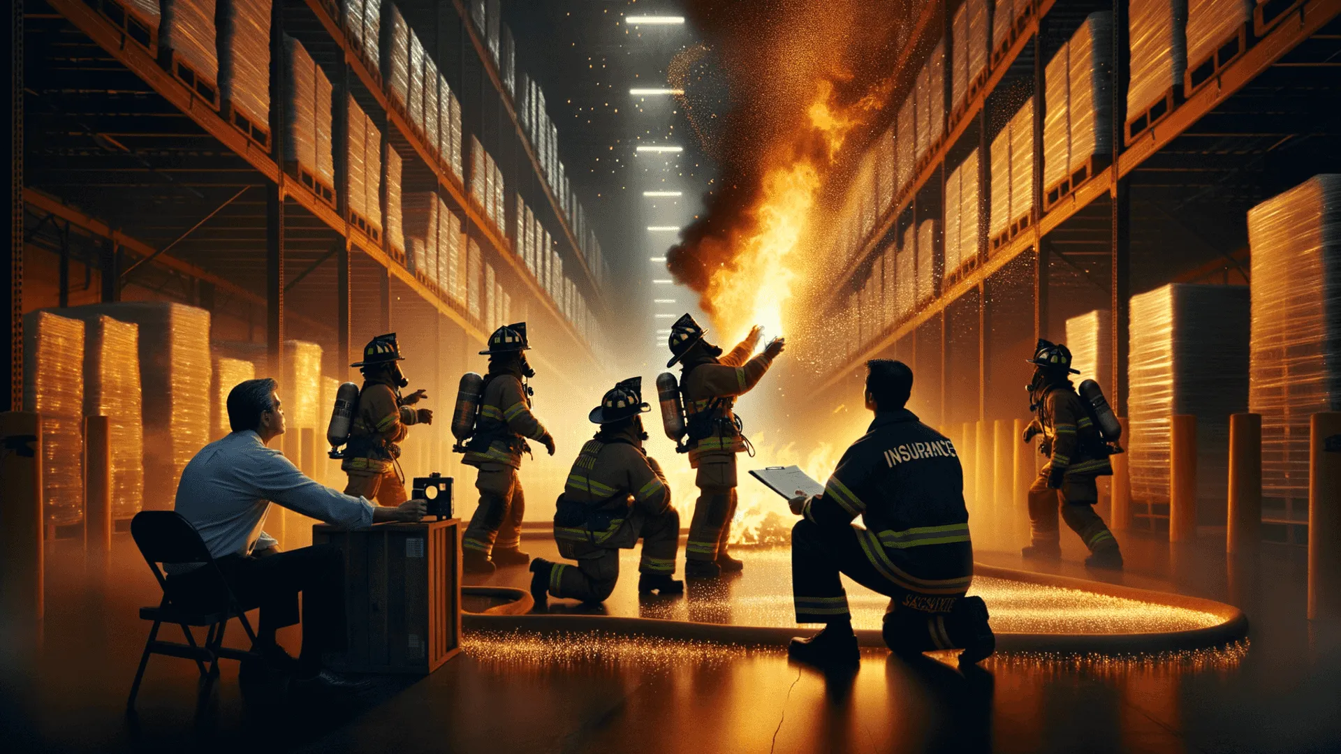 Firefighters responding to a warehouse fire while an insurance representative observes, emphasizing the importance of fire safety compliance and proactive risk management in business operations.