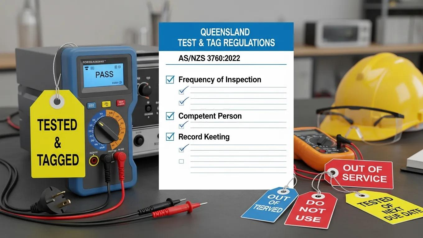 Testing and tagging equipment with multimeter displaying "PASS", checklist for Queensland test and tag regulations, safety tags indicating status, and safety helmet in background.