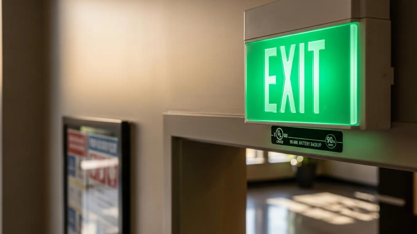 Close-up of an emergency exit light in a commercial setting, emphasizing compliance features