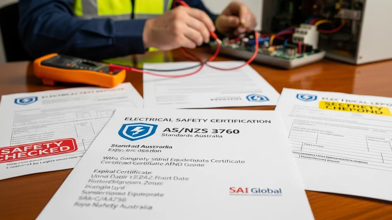 Close-up of electrical safety certification documents including AS/NZS 3760, highlighting compliance with safety standards, alongside a test and tag technician using testing equipment.