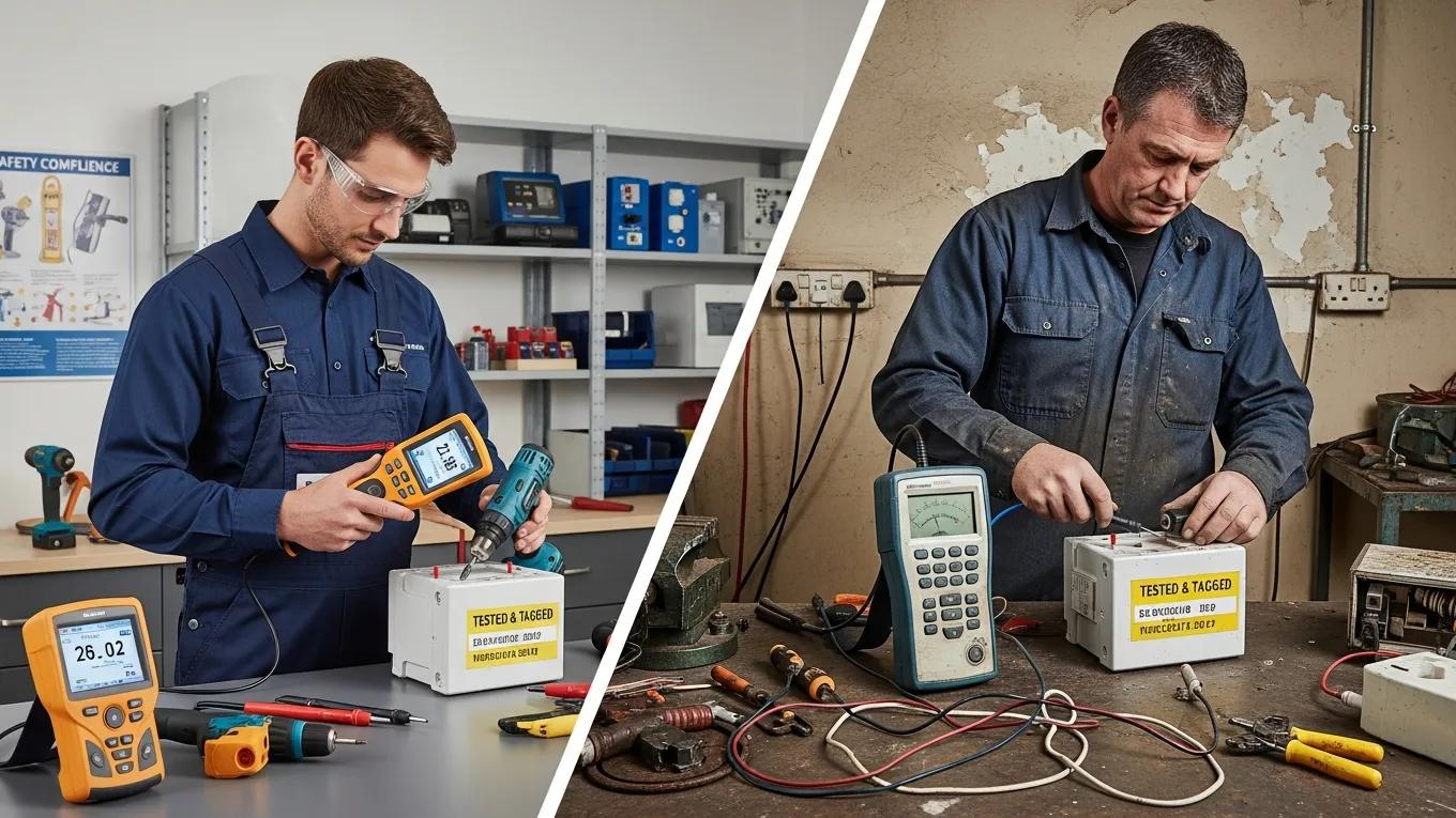 Comparison of high-quality versus low-quality test and tag services, illustrating the impact of service quality on safety compliance