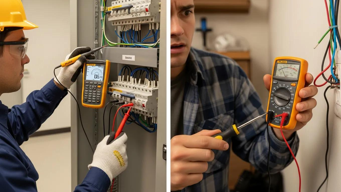 Professional technician using a multimeter for electrical testing in a workplace setting, contrasting with a DIY individual appearing concerned while testing electrical connections, highlighting differences in expertise and safety in electrical compliance.