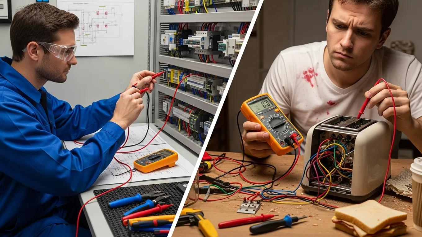 Comparison of professional electrical testing and DIY methods; left side shows technician in safety gear using multimeter on equipment, right side shows inexperienced person attempting repairs on toaster with visible wires and tools.