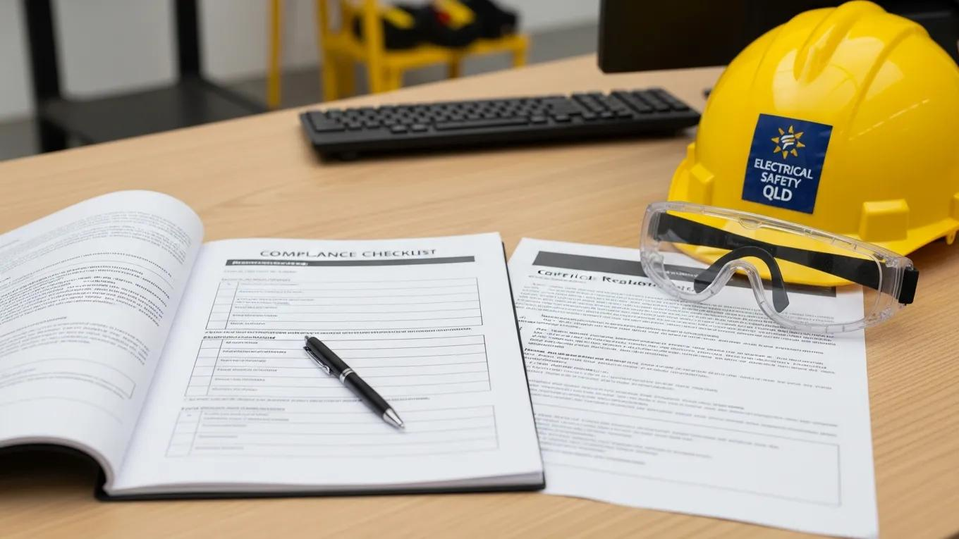 Compliance checklist and safety documents for electrical safety testing, featuring a yellow hard hat labeled "Electrical Safety QLD," safety glasses, and a pen on a wooden table, emphasizing workplace safety standards in Queensland.