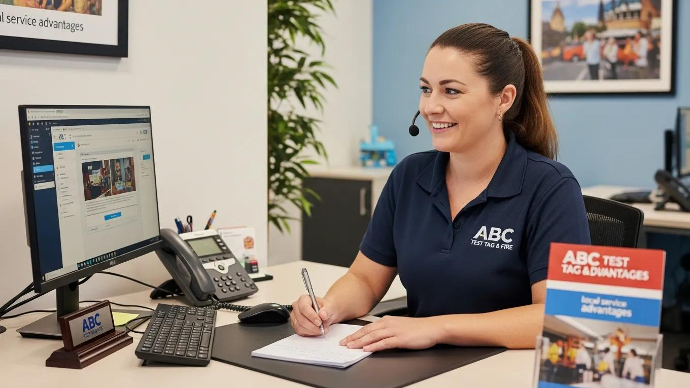 Customer service representative assisting a Logan business client with booking professional test and tag services