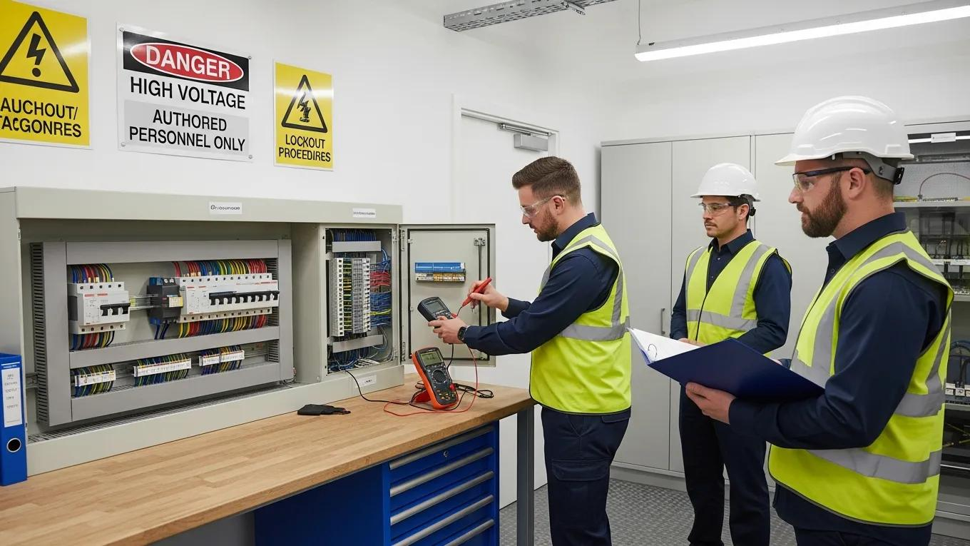 Technicians in safety vests and helmets inspecting electrical equipment in a workplace, emphasizing compliance with electrical safety regulations and standards.