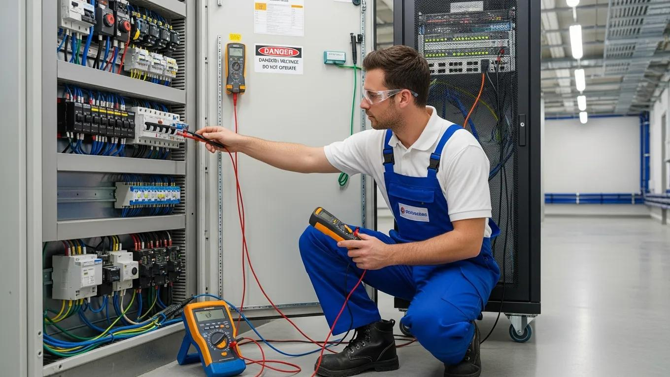 Electrician performing safety testing on electrical equipment in a commercial environment, using a multimeter and safety gear, emphasizing compliance with electrical safety regulations.