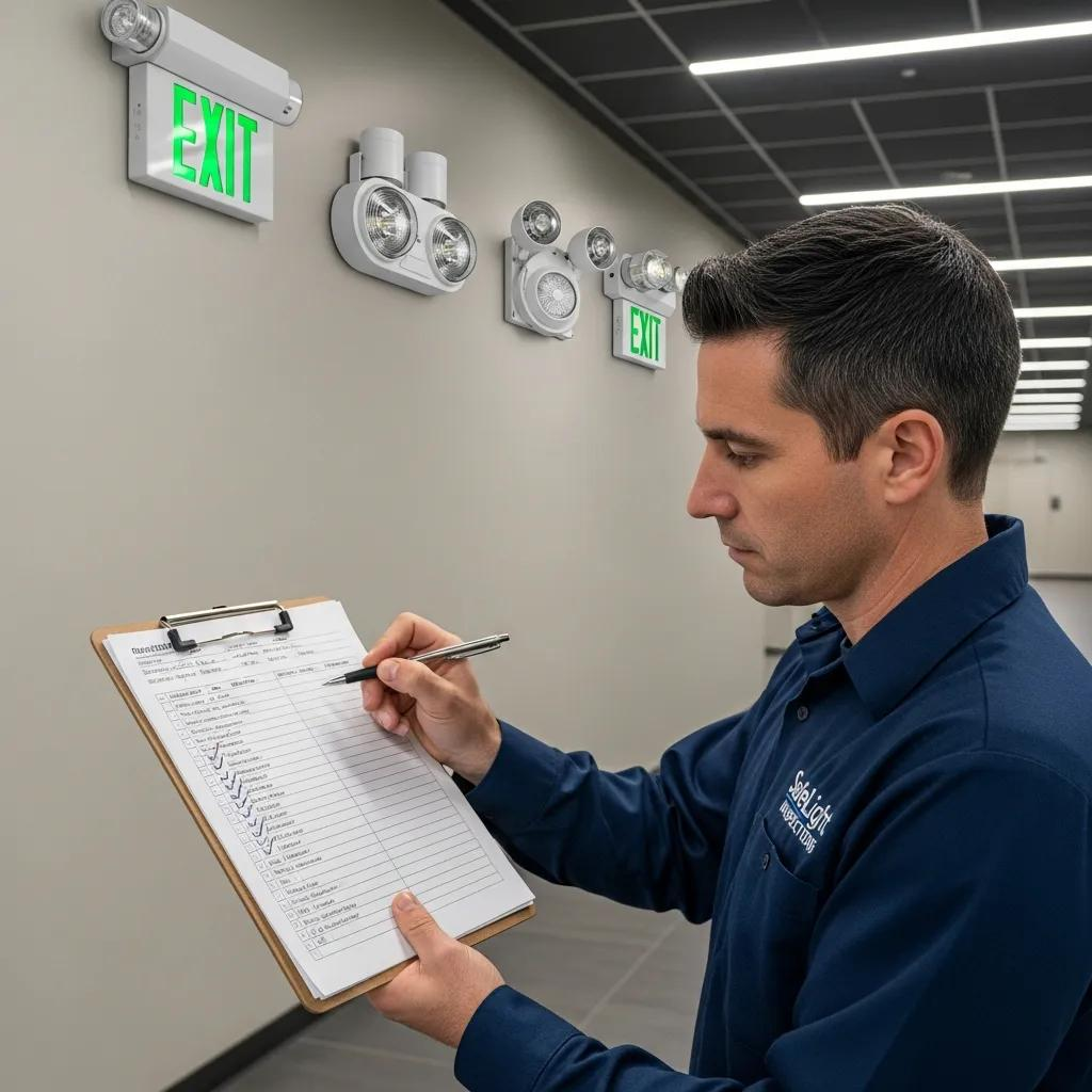 Emergency lighting inspection checklist being completed during a compliance assessment