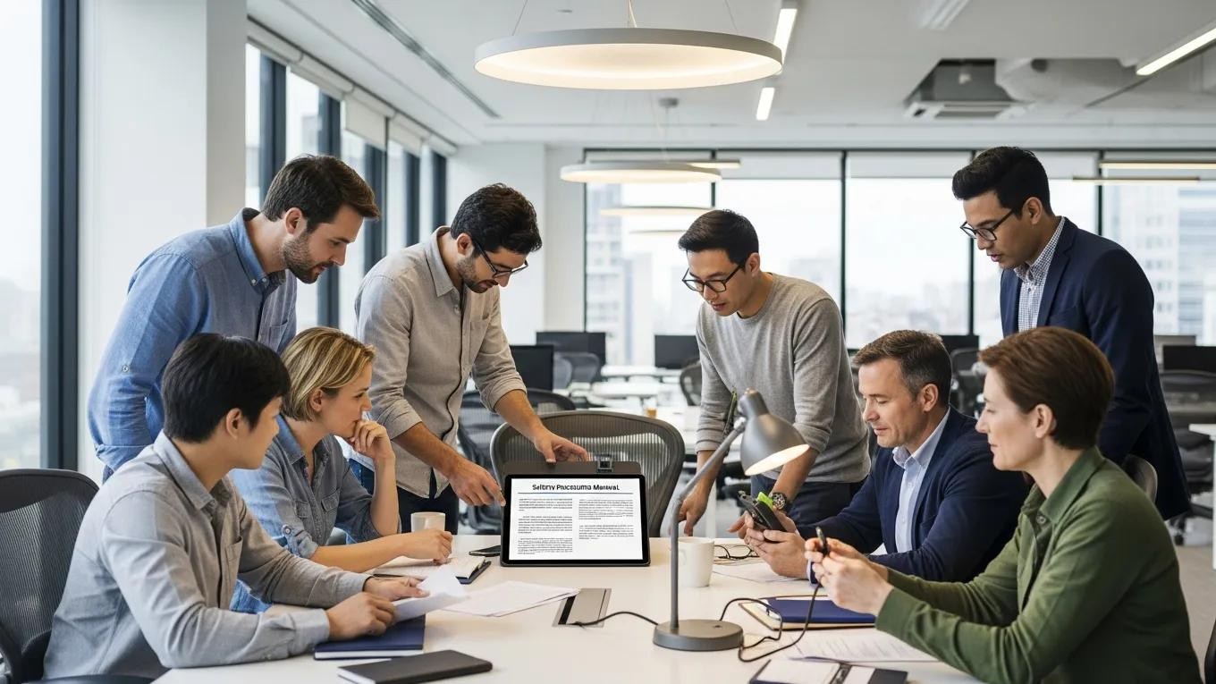 Employees collaborating on safety compliance in a modern office, showcasing teamwork and commitment