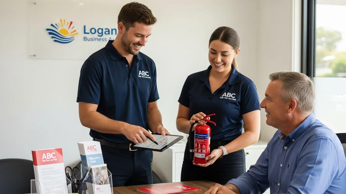 Local fire safety compliance team consulting with a Logan business owner