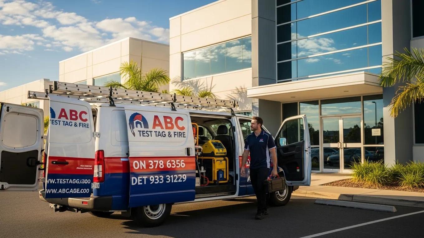 Local test and tag service vehicle from ABC Test Tag & Fire, parked outside a Logan business, showcasing fast response times and community support with technician carrying equipment.