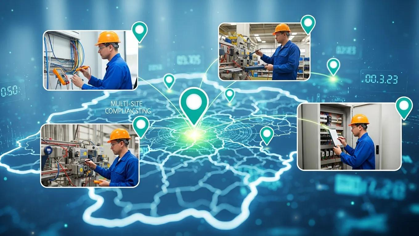 Technician conducting electrical safety inspections for multi-site compliance, with a digital map background highlighting locations and safety standards.