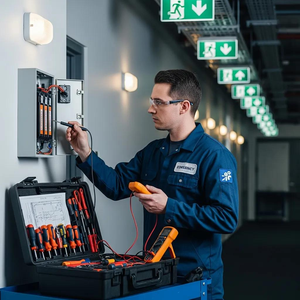 Technician performing functional testing on emergency lighting systems for compliance