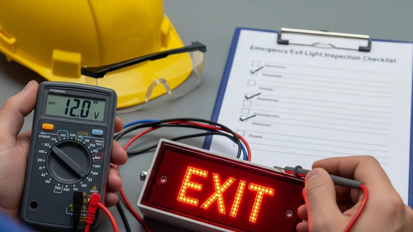 Technician using a multimeter to test an emergency exit light during inspection