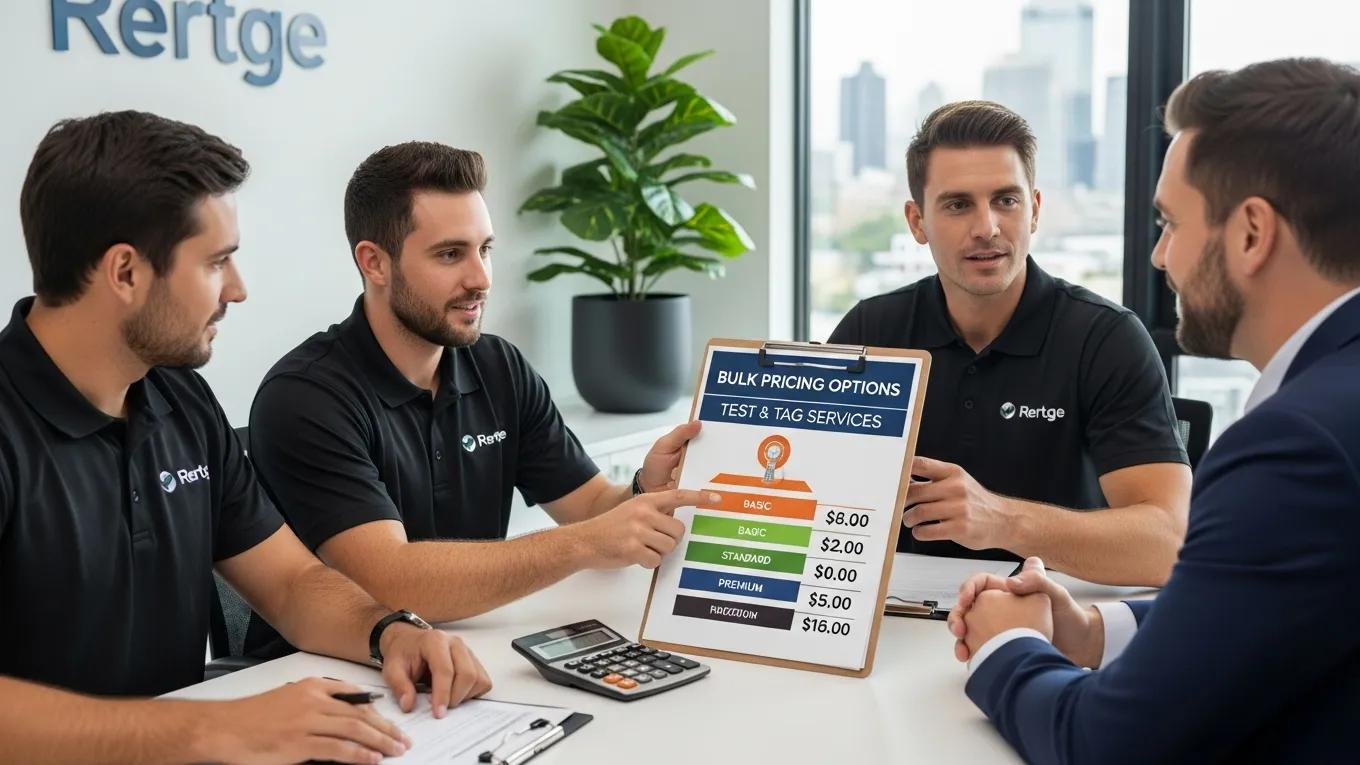 Technicians discussing bulk pricing options for test and tag services with a business owner