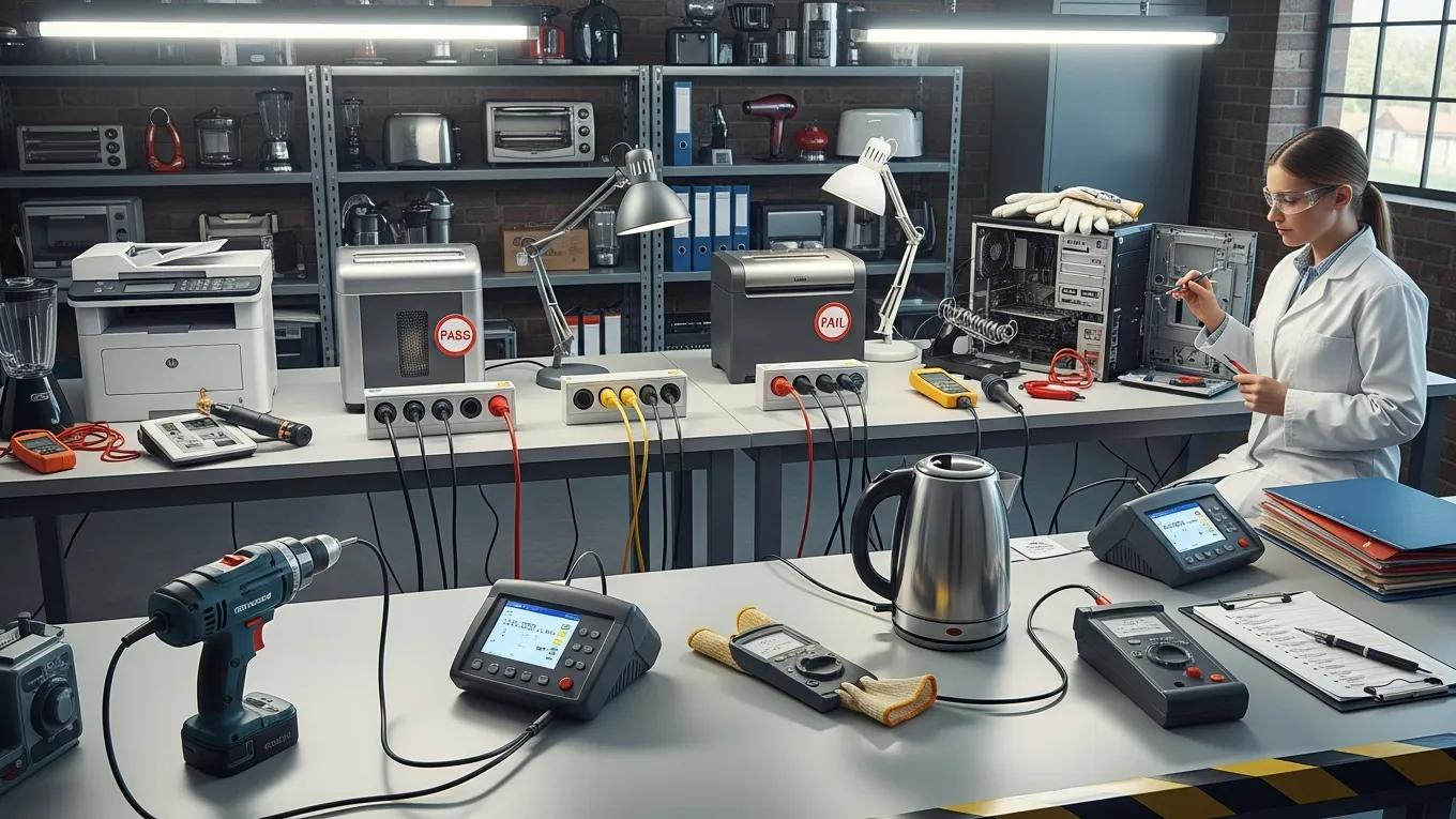 Various portable appliances undergoing safety testing for compliance